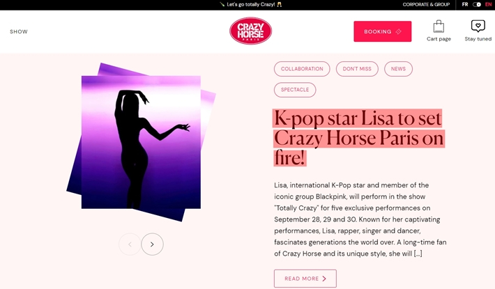 K팝 스타 리사가 '크레이지 호스'에 출연한다는 내용이 나타나 있다. '크레이지 호스' 공식 홈페이지 