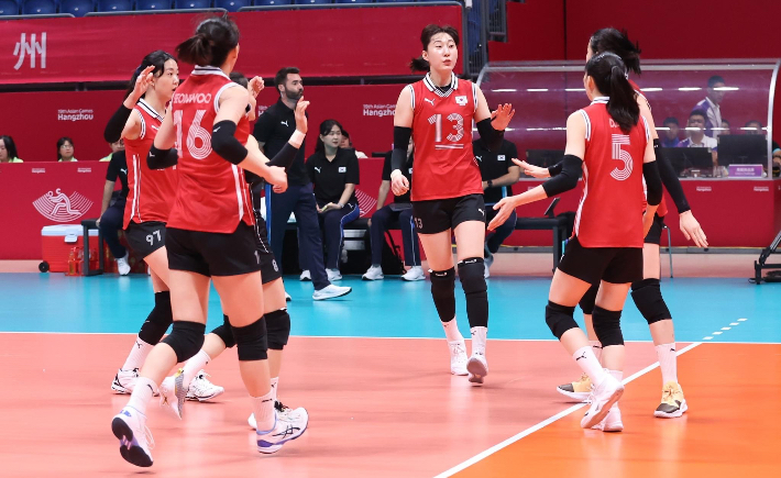 네팔전 승리를 거둔 한국 여자 배구 대표팀. 아시아배구연맹(AVC)