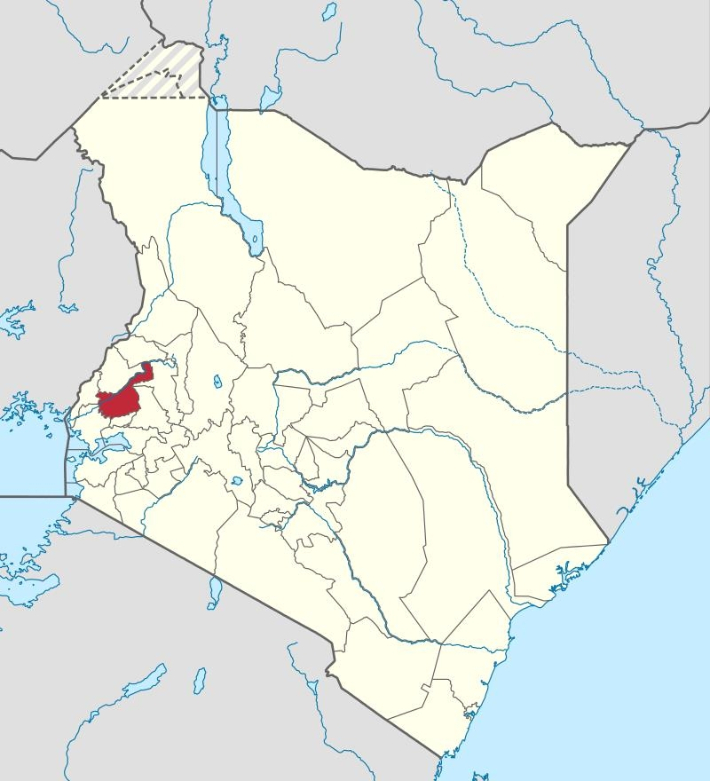 케냐 서부 지방 도시 카카메가(붉은색)가 표시된 지도. 구글 캡처