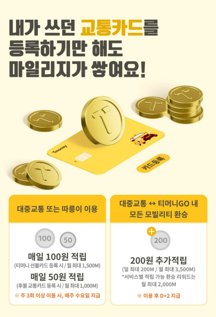 티머니GO에 교통카드를 등록한 후 주 3일 이상 대중교통을 이용하면 마일리지를 적립할 수 있다. 특히 티머니 선불카드의 경우 이용일수 기준 하루 최대 100원의 마일리지를 적립할 수 있다. 티머니GO 앱 캡처