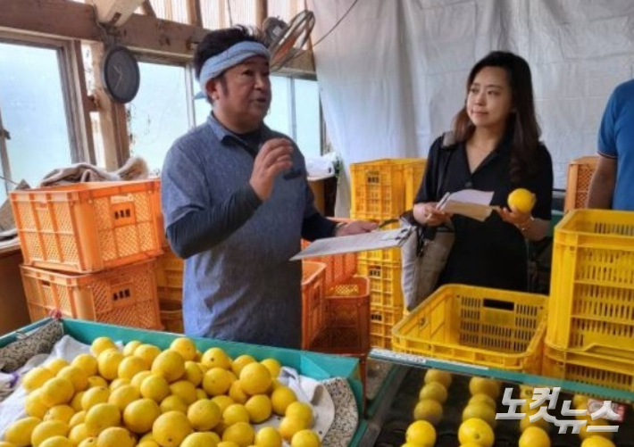 '히라도 나쓰카'라는 히라도산 여름 오렌지로 고향 납세 답례품을 공급하고 있는 곤도 젠자부씨가 취재진들에게 답례품 생산 과정을 설명하고 있다. 박정민 기자 