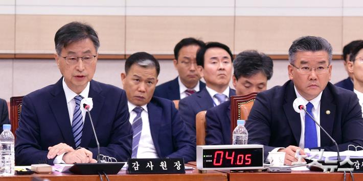 최재해 감사원장이 13일 서울 여의도 국회에서 열린 법제사법위원회의 감사원에 대한 국정감사에서 의원 질의에 답변을 하고 있다. (오른쪽 유병호 감사원 사무총장)