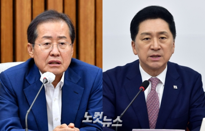 홍준표 대구시장(왼쪽)이 국민의힘 김기현 대표(오른쪽)를 겨냥해 사퇴를 촉구했다. 윤창원 기자