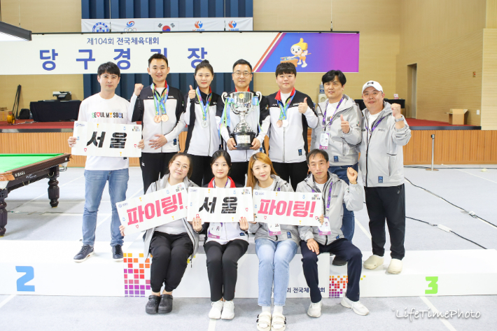 제104회 전국체전 당구에서 8년 만에 종합 1위를 거둔 서울 선수들. 대한당구연맹