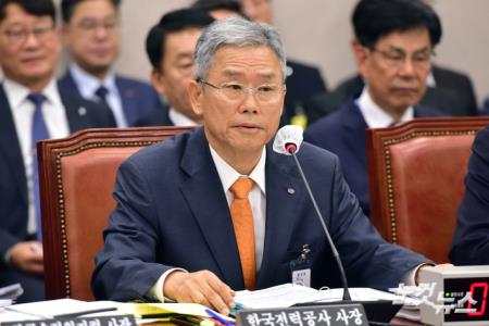 김동철 한국전력공사 사장이 19일 서울 여의도 국회에서 열린 산업통상자원중소벤처기업위원회의 한국전력공사·한국수력원자력·한국전력거래소 등에 대한 국정감사에서 의원 질의에 답변을 하고 있다.