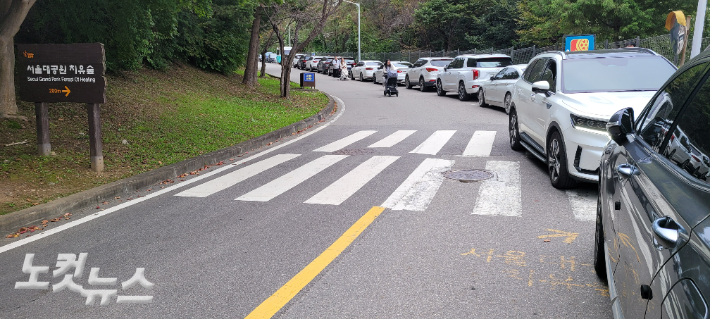 서울랜드 관리동 주차장 진입로에 빼곡하게 차량들이 주차돼 있다. 박창주 기자