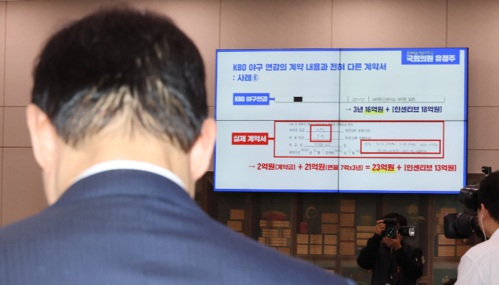  허구연 한국야구위원회 총재가 24일 국회 문화체육관광위원회 국정감사에서 더불어민주당 유정주 의원이 질의한 프로야구 계약서 관련 자료를 보고 있다. 연합뉴스