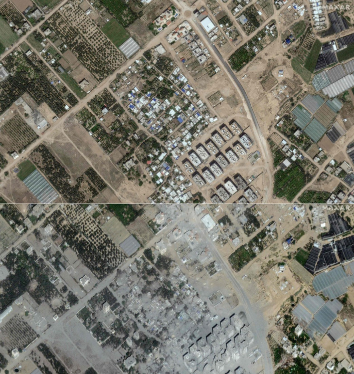 지난 5월 10일 찍힌 가자지구 북서부 알타트라 지역 위성사진(위)과 10월 21일 촬영된 같은 지역의 위성사진(아래). 연합뉴스