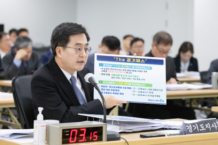 김동연 경기지사는 지난 23일 열린 국회 국토교통위원회 국정감사에서 '검은 양복'을 입고 위원들의 질의에 답변했다. 경기도 제공