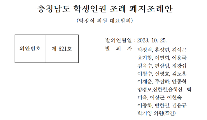 충남학생인권조례 폐지안. 충남도의회 캡처