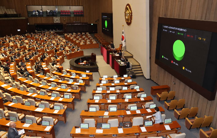 9일 국회 본회의에서 노란봉투법(노동조합 및 노동관계법 개정안) 투표 결과가 나오고 있다. 노란봉투법과 방송3법은 이날 야당 단독으로 통과됐다. 연합뉴스