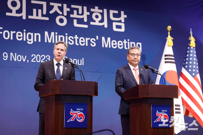 토니 블링컨 미 국무장관이 9일 서울 종로구 정부서울청사 별관에서 열린 한미 외교장관 공동기자회견에서 모두발언을 하고 있다. 박종민 기자