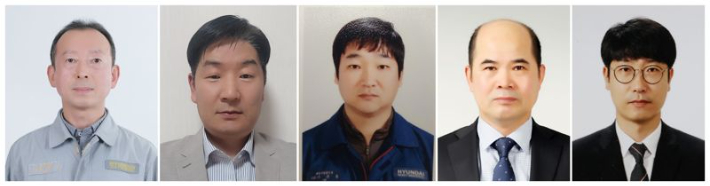 '2023년 울산 명장'에 선정된 5명의 명장. 왼쪽부터 절삭가공 김종규(HD현대중공업) 명장, 선박건조 김창식(현대미포조선) 명장, 판금·제관 이규동(HD현대중공업) 명장, 용접 하진용(현대미포조선) 명장, 소방방재 김선우(HD현대중공업) 명장. 울산시 제공