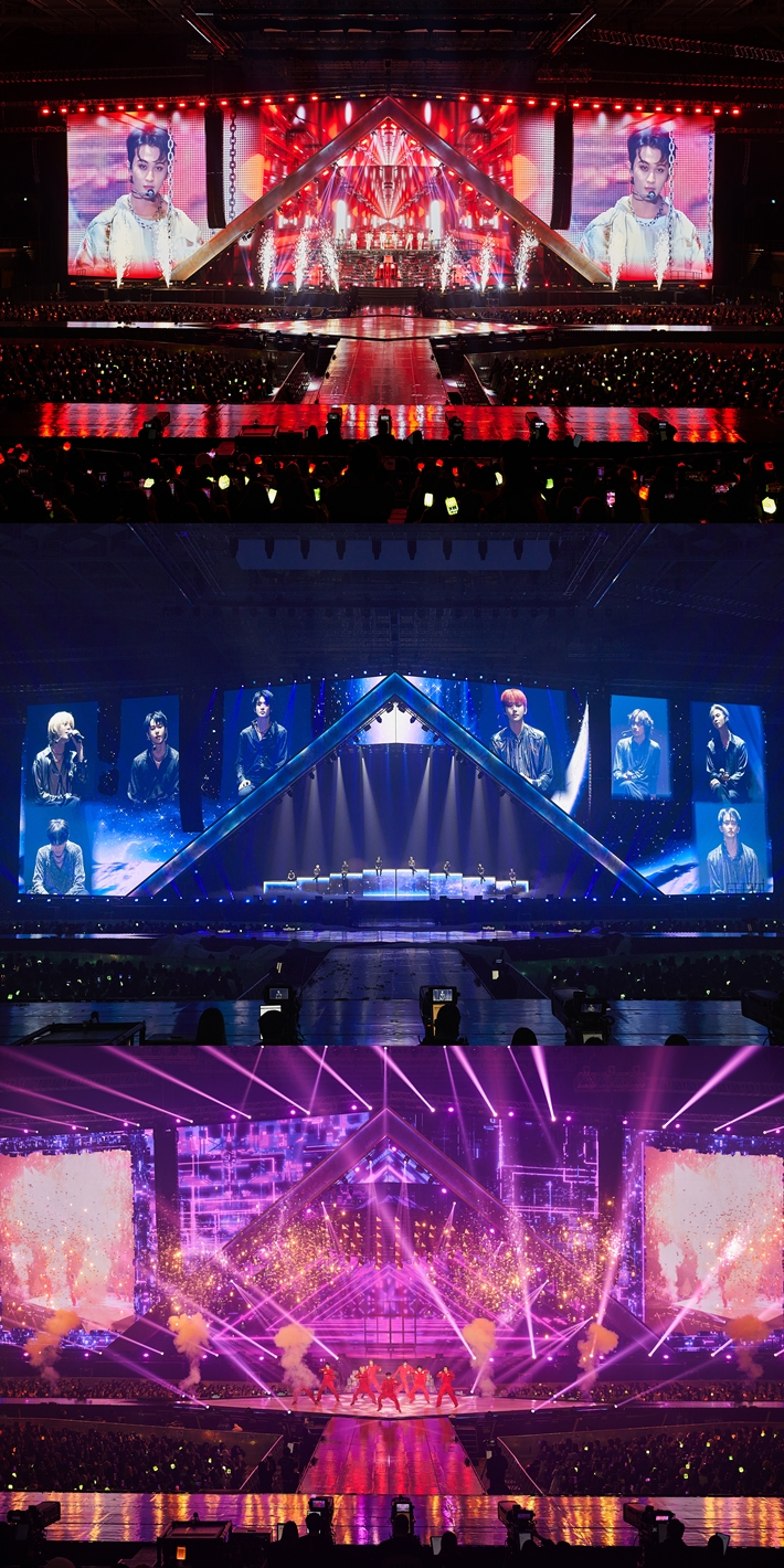 이번 공연에는 가로 60m, 세로 14m의 대형 LED 화면이 마련돼 있었다. 가운데가 세모 모양인 점이 눈에 띈다. SM엔터테인먼트 제공