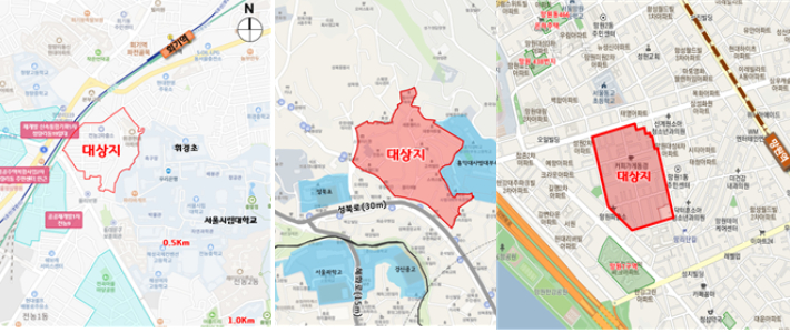 왼쪽부터 전농동, 성북동, 망원동 일대 신통기획 후보지들. 서울시 제공