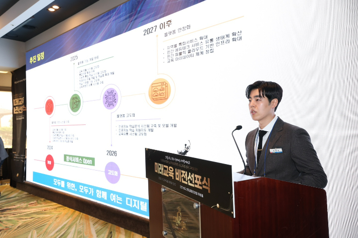 울산교육청 정윤호 장학사는 '학교 현장에서 인공지능 맞춤형 교수학습 플랫폼 활용으로 바뀌는 미래 교육'을 주제로 발표했다. 울산광역시교육청 제공 
