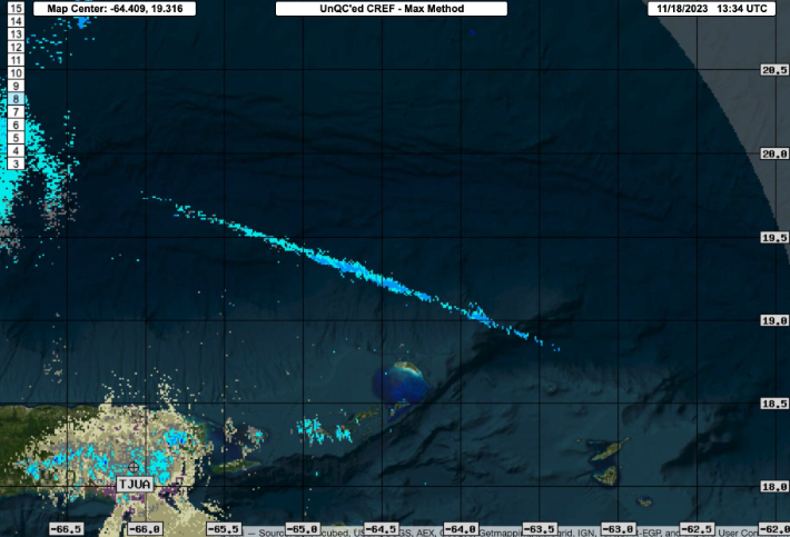 미국해양대기청(NOAA)의 레이더에 스타십 잔해물 추정 물체가 푸에르토리코 주변 하늘에 낙하하는 모습이 감지됐다. Jonathan McDowell X 캡처