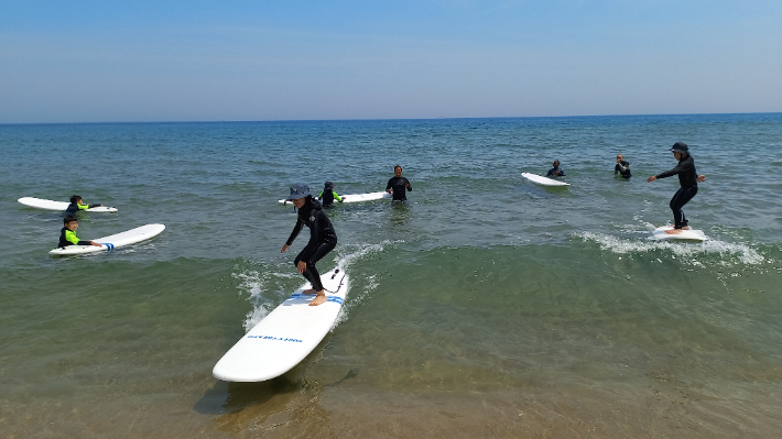 서핑을 배우며 즐거운 학습활동을 하고 있는 양양 현북초 학생들. 현북초 제공
