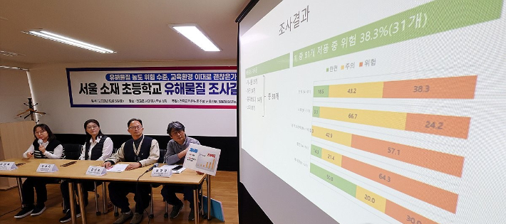 5일 오전 서울 서대문구 전국교직원노동조합에서 열린 서울시 소재 초등학교 유해물질 조사 결과 발표 기자회견에서 최인자 노동환경건강연구소 바이오모니터링센터장(왼쪽)이 발표하고 있다. 연합뉴스