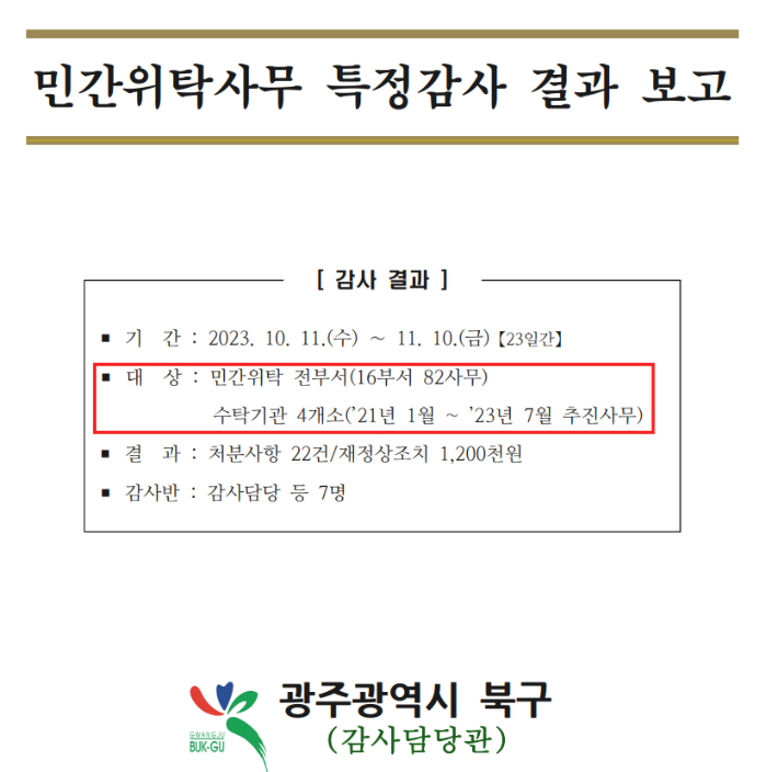 광주 북구청 민간위탁사무 특정감사 결과 보고 중 일부. 광주 북구청 제공