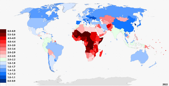 전세계 합계출산율 데이터(2022·PRB). 미국 인구조회국  제공