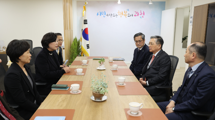 신계용 과천시장과 이한준 LH 사장이 지난 14일 과천과천 공공주택지구 내 도시지원시설 공급과 관련한 기본협약체결 전 과천시장 집무실에서 만나 이야기 나누는 모습. 과천시청 제공