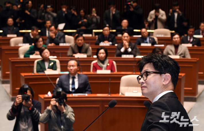 한동훈 법무부 장관이 6일 오후 국회에서 열린 국민의힘 정책의원총회에 참석해 출입국·이민관리청 신설 방안에 대해 설명하고 있다. 황진환 기자