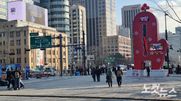 20일 오후 서울 종로구 광화문 광장을 찾은 시민들은 롱패딩으로 무장해 추위를 견디고 있었다. 양형욱 기자