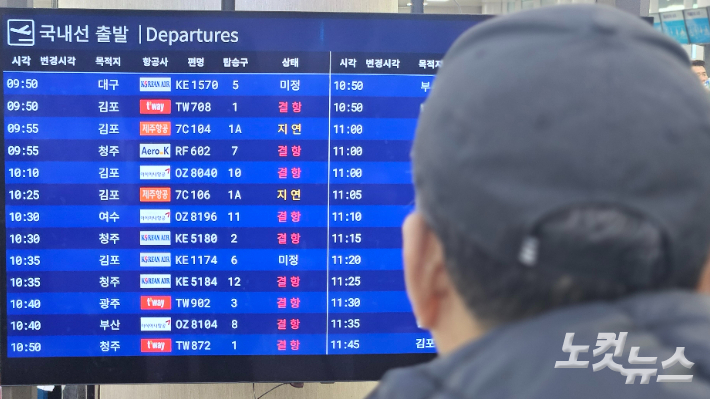 22일 제주공항 폭설로 항공기 결항이 속출했다. 고상현 기자 