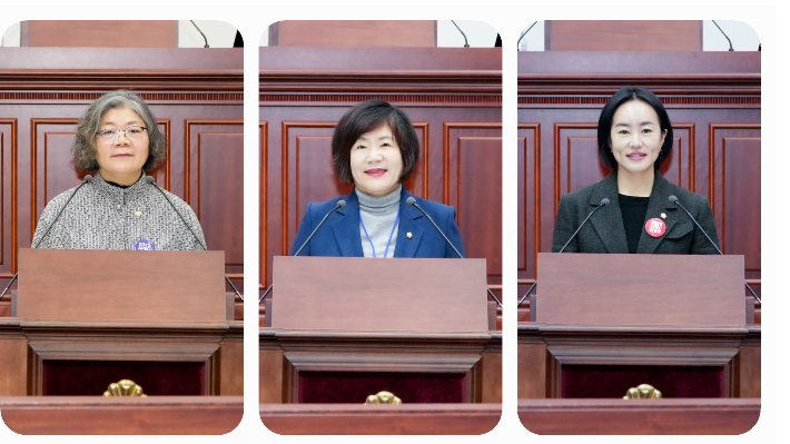 경주시의회 이강희(왼쪽부터), 한순희, 김소현 의원이 시정질문을 하고 있다. 경주시의회 제공