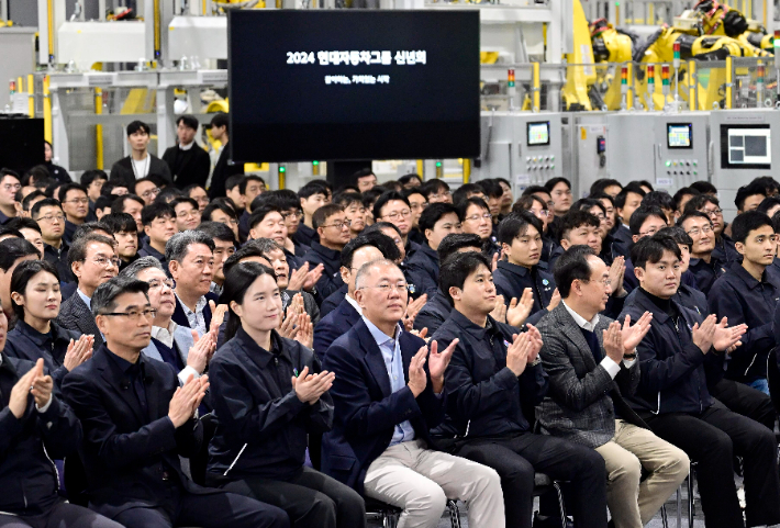 현대차그룹 2024년 신년회에 정의선 회장과 그룹사 경영진, 그룹 임직원들이 온오프라인으로 참석했다. 현대차그룹 제공