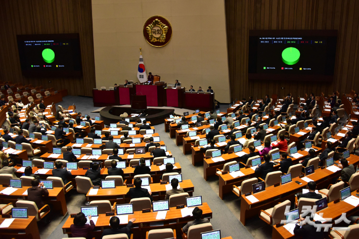 9일 서울 여의도 국회에서 열린 제411회(임시회) 제4차 본회의에서 개의 식용 목적의 사육·도살 및 유통 등 종식에 관한 특별법안(대안)이 통과 되고 있고 있다. 윤창원 기자