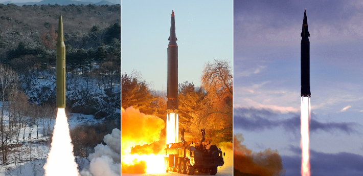 북한이 발사한 IRBM 미사일들. 왼쪽부터 올 1월 발사된 고체연료 추진 극초음속 미사일, 2022년 1월, 2021년 9월 발사된 액체연료 추진 극초음속 미사일. 연합뉴스