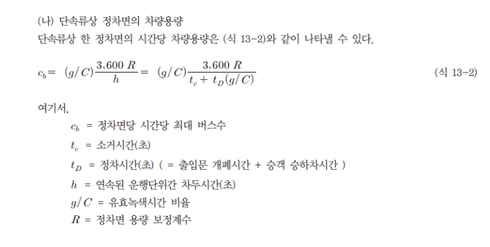 서울시가 혼잡도 파악에 활용했다는 국토교통부 도로용량편람의 '정류소 용량 산출' 수식. 국토부 도로용량편람 캡처