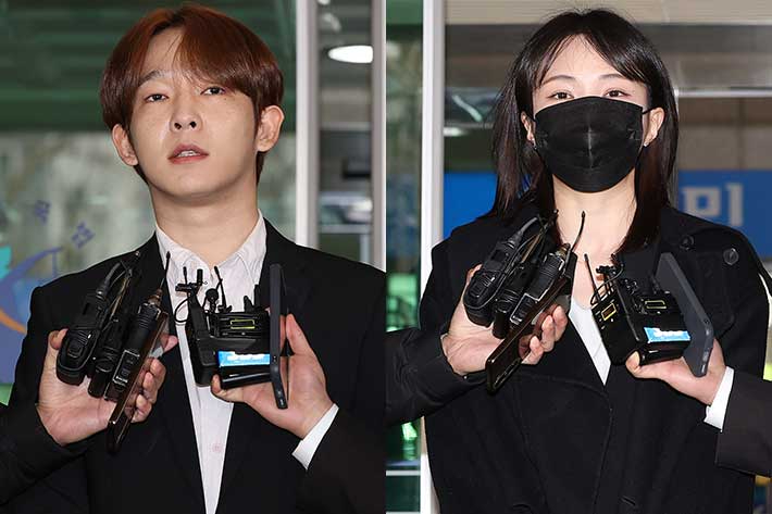 가수 남태현(왼쪽)과 방송인 서은우가 18일 오전 서울 마포구 서부지법에서 열린 필로폰 투약 혐의 관련 선고기일을 마친 뒤 각각 법원을 나서는 모습. 연합뉴스