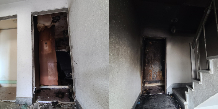 불이 난 세대의 현관문을 닫았을 때(왼쪽)와 현관문을 열었을 때(오른쪽) 모습. 실험 결과 화재 세대의 문을 닫을 경우 불길이 외부로 거의 번지지 않았지만 문을 열 경우 불길이 외부로 치솟고 불과 1분 20초 만에 4층까지 연기가 확대됐다. 부산소방재난본부 제공