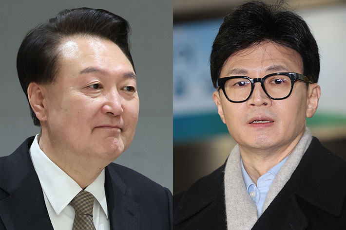 윤석열 대통령(왼쪽), 국민의힘 한동훈 비상대책위원장. 연합뉴스