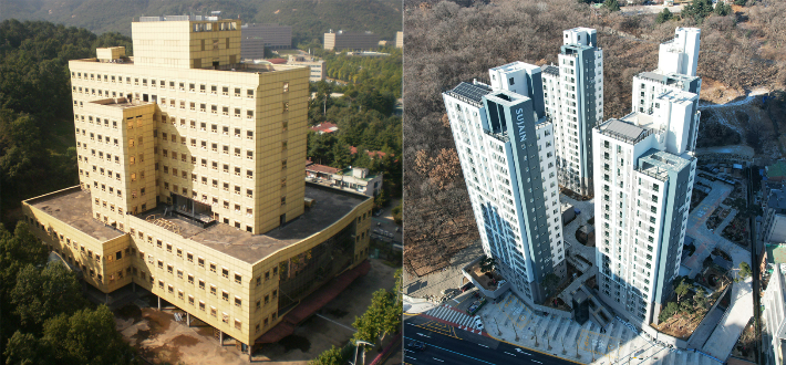 장기 방치돼 있던 우정병원 건물(우)과 공동주택으로 재건축된 모습. 과천시청 제공