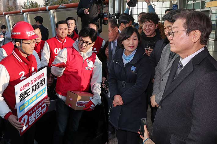 철도로 갈라진 지역 찾은 한동훈 비대위원장(왼쪽), 신도림역 방문한 이재명 대표. 연합뉴스