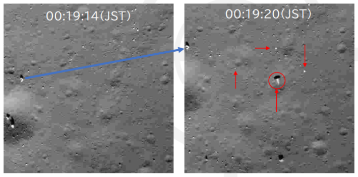 슬림이 착륙 당시 호버링을 하면서 월면을 활영한 이미지. 오른쪽 이미지의 동그라미 표시에 떨어져나간 메인엔진 노즐이 발견됐다. JAXA