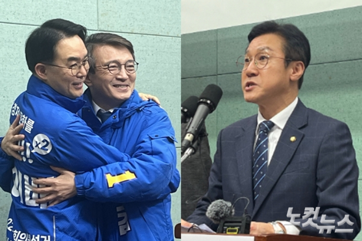 군산 선거구 단일화에 나선 채이배, 김의겸 예비후보와 신영대 예비후보. 남승현 기자