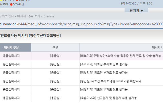 20일 응급실 의료진 부재로 진료불가능 메시지. 응급의료포털 홈페이지 캡처