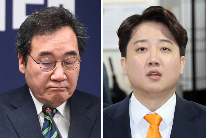 20일 여의도 새로운 미래 당사에서 합당 철회 기자회견 하는 이낙연 공동대표, 오른쪽은 한 시간 후 국회에서 기자회견 하는 이준석 공동대표. 연합뉴스