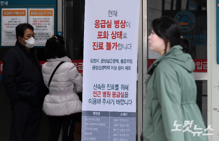서울의 한 대형병원에 응급실 병상 포화 안내문이 세워져 있다. 박종민 기자