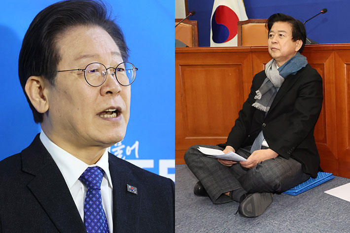 더불어민주당 이재명 대표, 오른쪽은 단식농성을 하고 있는 노웅래 의원. 연합뉴스