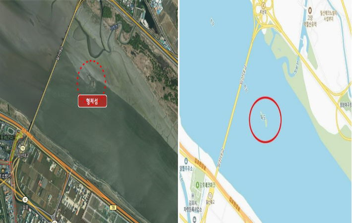 조선시대 고지도에서 '독도'로 불리던 형제섬의 현재 위치와 최근 포털사이트에서 독도로 지명 표시가 바뀐 모습. 김포시 제공 사진(왼쪽) 및 다음(DAUM) 지도 캡처