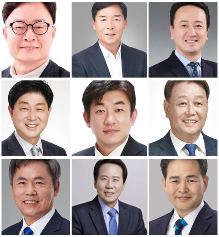 왼쪽 상단부터 김상우, 오중기, 김상헌, 이윤희, 황태성, 한영태, 김현권, 김철호, 정석원 예비후보. 경북도당 제공