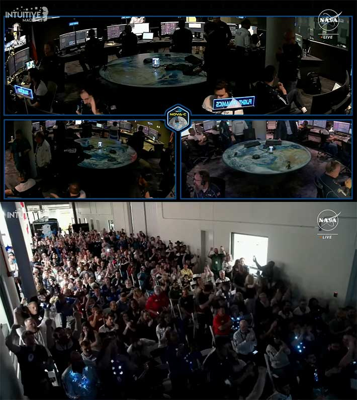 월면에 착륙한 오디세우스 달 착륙선에서 신호를 수신하자 환호하는 관제실과 직원들. NASA 공식 유튜브 캡처