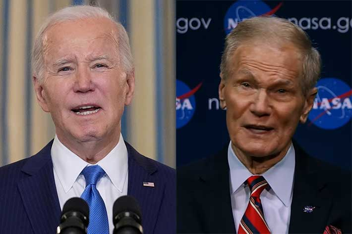 조 바이든 미국 대통령(왼쪽), 빌 넬슨 NASA 국장. 연합뉴스·NASA 유튜브 캡처