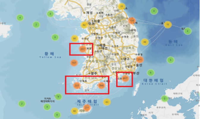 지난 5년간 선박 충돌 사고 다발 해역. 한국해양교통안전공단 제공